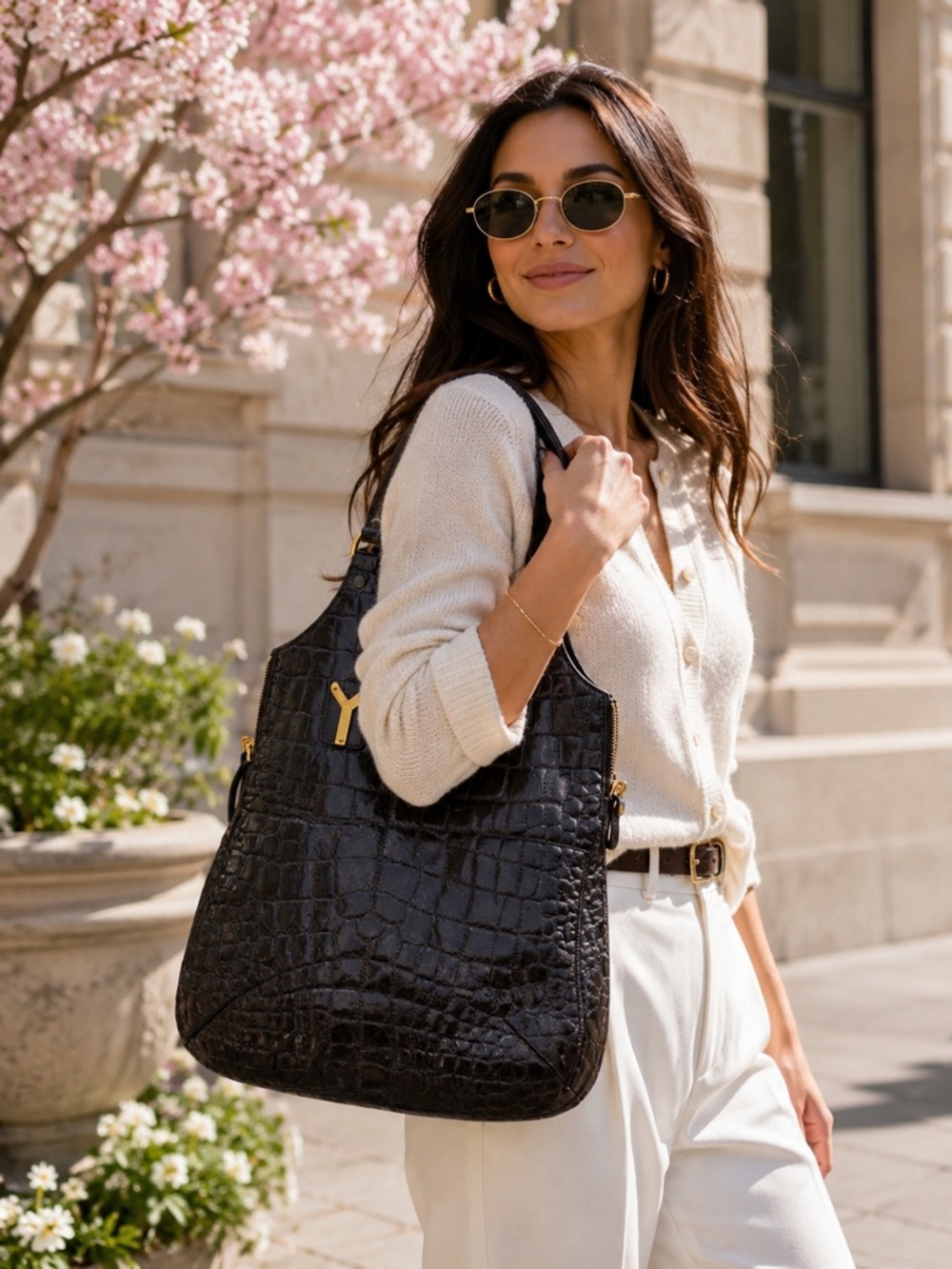 Rare Yves Saint Laurent Patent Croc-Embossed |Tote Dark Brown with Gold Hardware